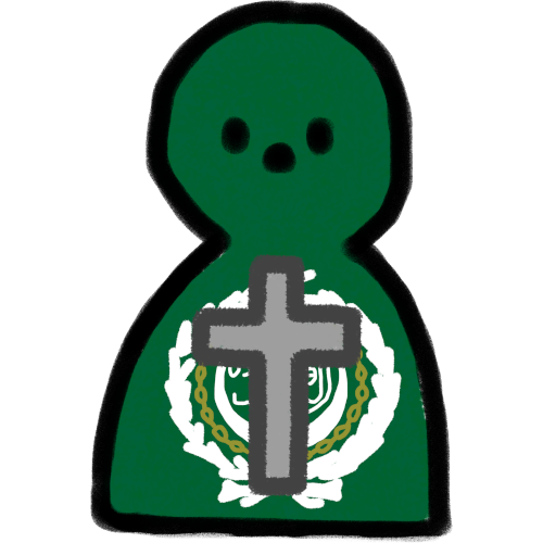 a person with the flag of arab league as their skin, with the symbol in their tummy. ontop of that is a grey cross to represent christianity